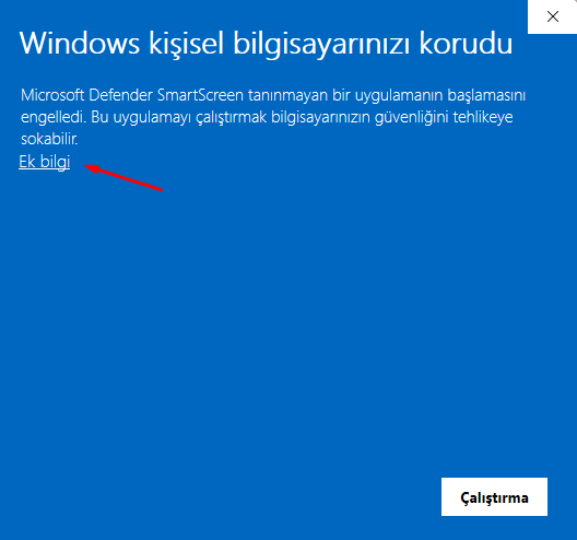 Windows SmartScreen ekranında Ek bilgi bağlantısının konumu